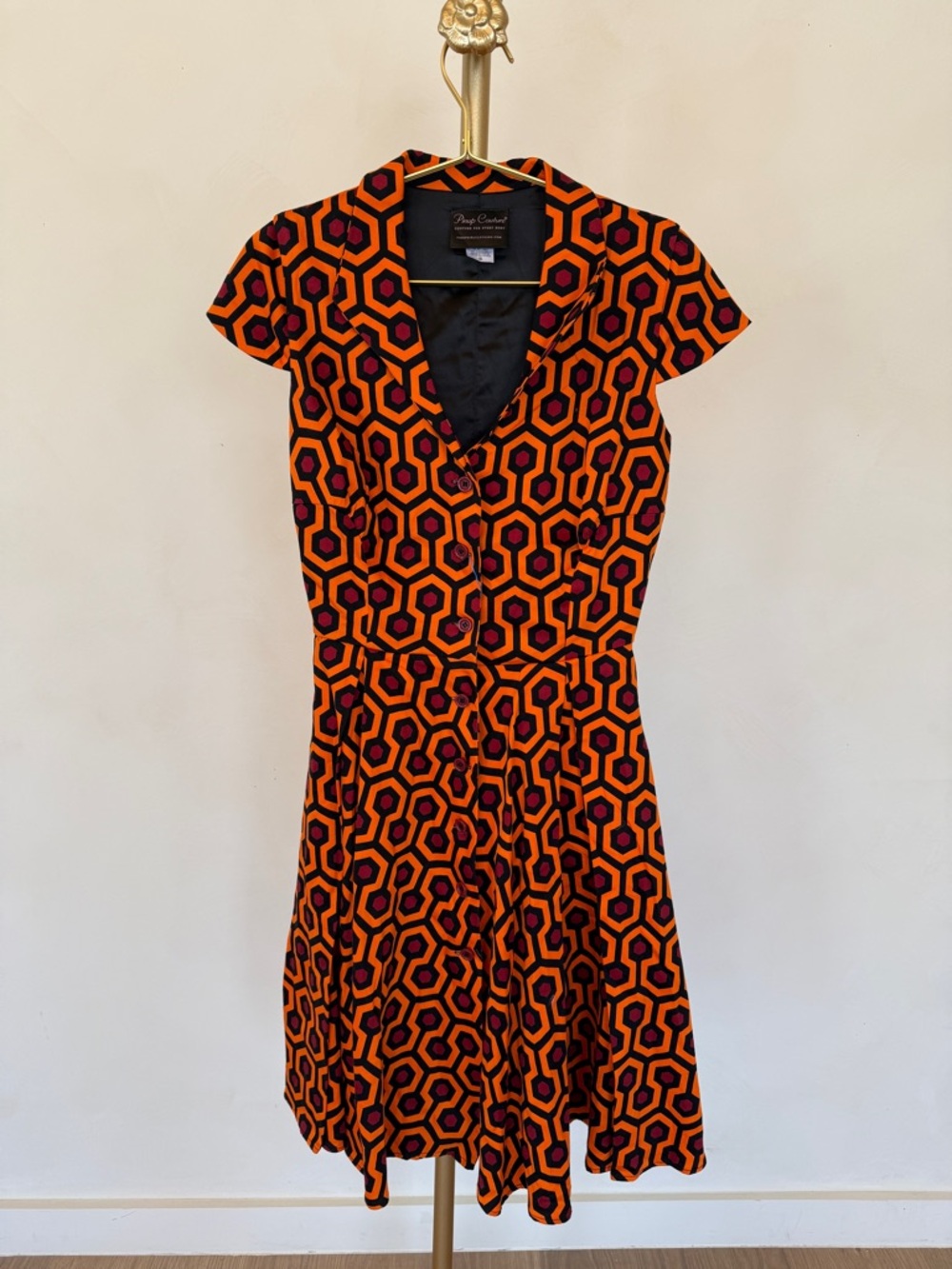 Pinup Couture Orange & Black 70’s Hexagon Print Fit-and-Flare Mini Dress